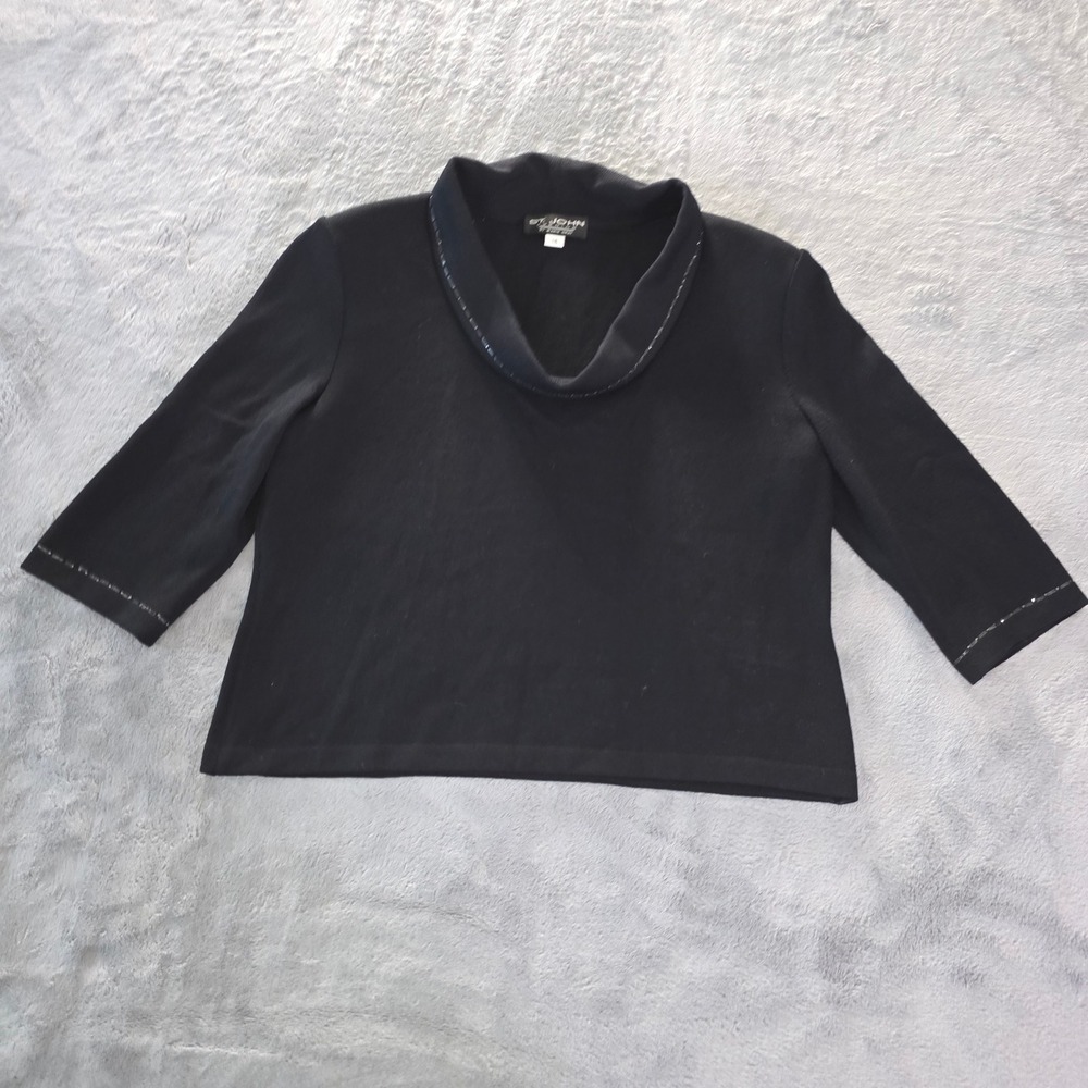 St. John Evening Marie Gray Black Cowl Neck Beaded Knit Top Size 16